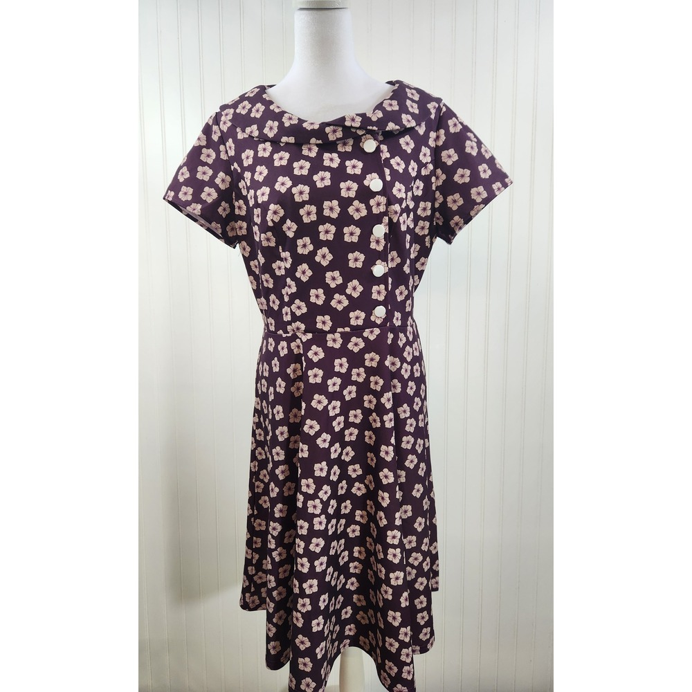 Wedtrend Purple Floral Fit and Flare Dress Peter Pan Collar Short Sleeve‎ L Boho
